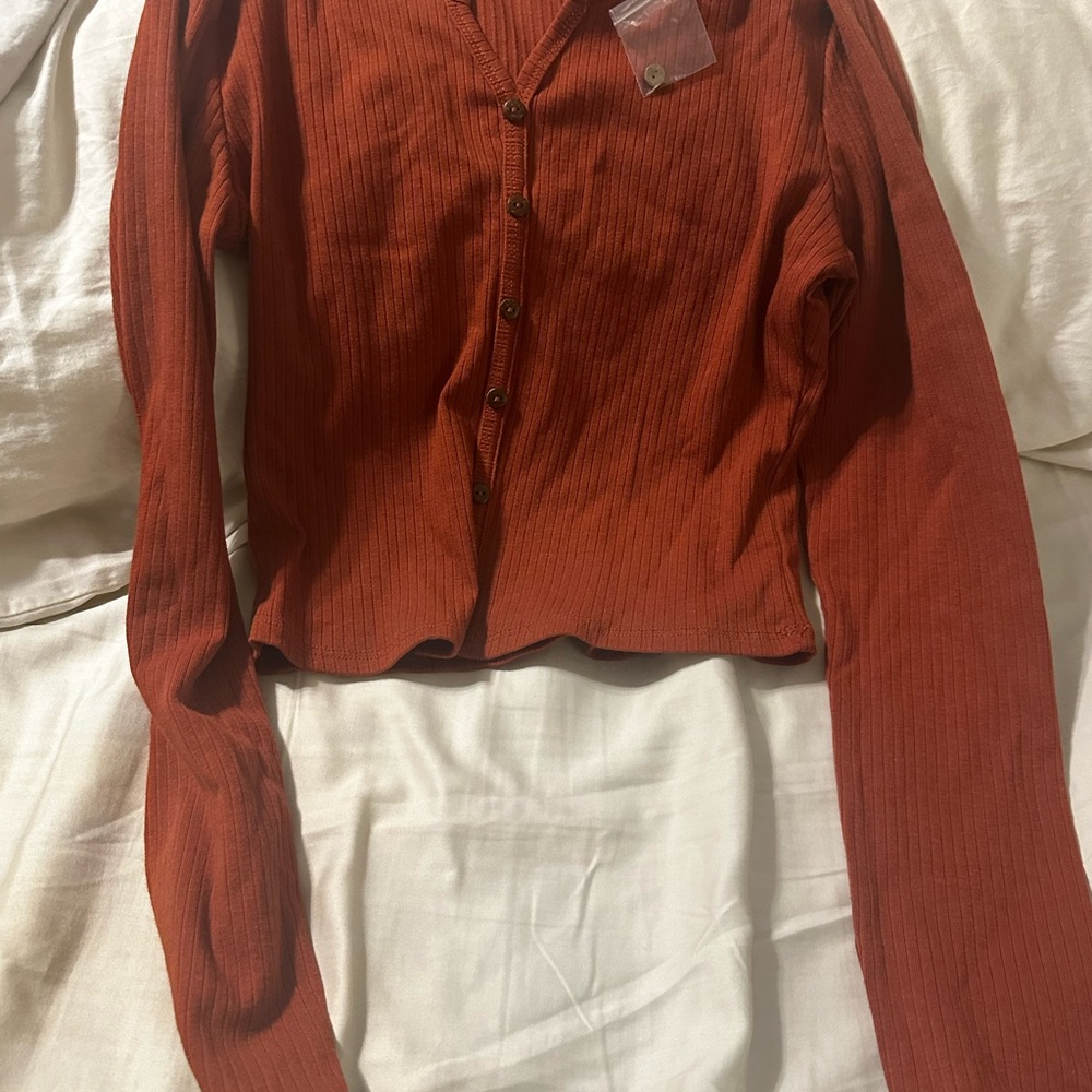 Bozzolo Rust Orange Ribbed Button-Front Long Sleeve Top